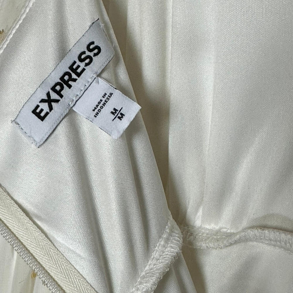 Express Tiered Maxi Dress Womens White Gold Metallic Foil‎ Clip Dot Boho Medium - Picture 10 of 14